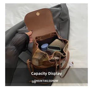 Capacity display of plaid pattern drawstring backpack with phone and wallet inside