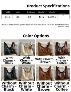Infographic showing PU leather tote bag dimensions 34.5x36x12cm and four available colors