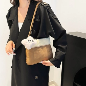 Vintage brown suede and white faux fur shoulder bag with plush cloud charm for winter