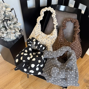 Winter Plush Tote Bag For Women Large Capacity Heart Polka Dot Bow Drawstring Shoulder Bag Faux Fur Handbag Casual Bag