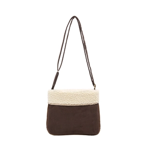 Vintage brown suede crossbody bag with plush white faux fur trim for autumn winter