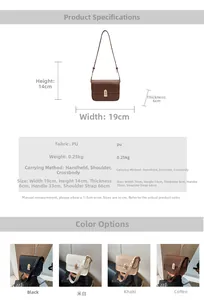 Detailed chart showing size 19x14x6cm and four color options for the small square bag