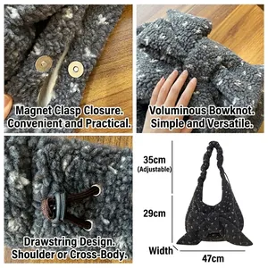 Winter plush tote bag with grey spots, decorative bow, and drawstring closure for women