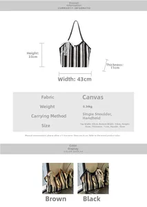 Detailed spec sheet and dimensions of striped canvas tote with lace bow decoration