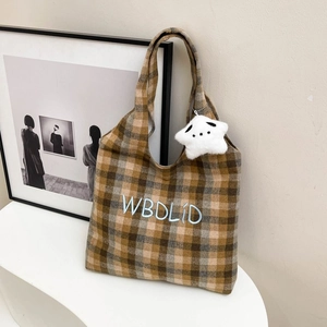Retro plaid wool shoulder bag with letter embroidery and star plush pendant
