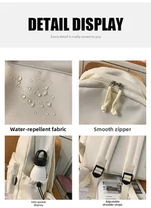 Detail view of water-resistant fabric, smooth zipper, side pocket, and adjustable straps