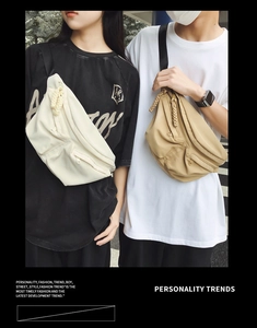 Street style nylon chest bags in beige and khaki showing multi-pocket details