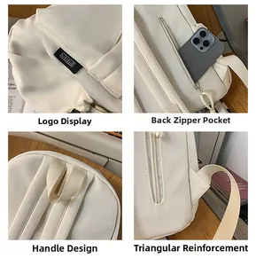 Detail view of white backpack showing brand tag, anti-theft pocket and reinforced straps