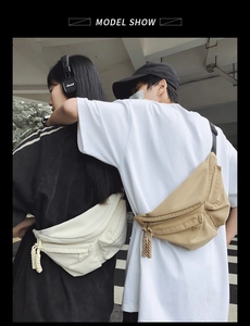Outdoor shot of beige and khaki crossbody bags with multiple zipper pockets