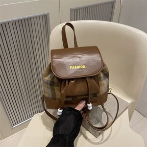 Retro Preppy Style Women Backpack Contrast Color Plaid Fabric Synthetic Leather Mini Drawstring Bucket Bag Fashion School Bag