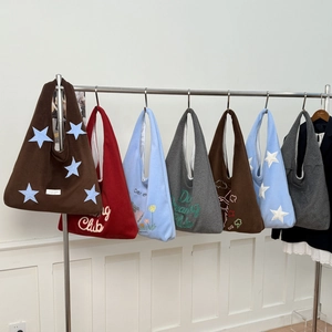 Large Capacity Woolen Star Embroidery Tote Bag Casual Shoulder Handbag Korean Style Student Commuter Shopping Bag For Women