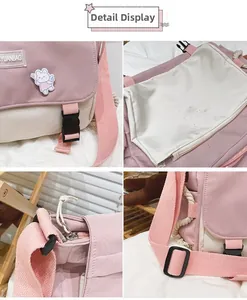 Detailed views of water-resistant canvas messenger bag with pink buckle and rabbit badge