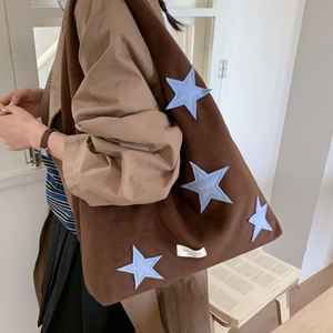 Brown plush tote bag with blue star embroidery for women casual shoulder carry