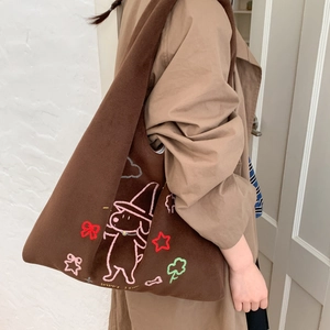 Large brown plush tote bag with star embroidery and cartoon dog for casual commuting
