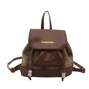 Retro plaid backpack for women with brown PU leather and drawstring closure in 45-degree view