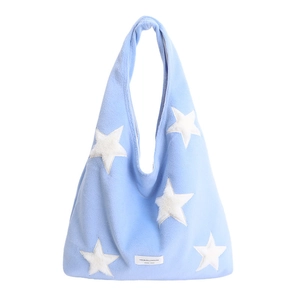 Plush light blue star embroidered tote bag with spacious hobo style design for women
