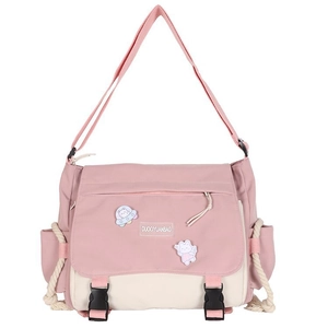 Pink and beige minimalist cargo messenger bag with cute cartoon patches and adjustable strap