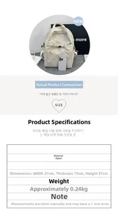 Detailed size chart for beige nylon backpack with dimensions 27x15x37cm and 0.24kg weight