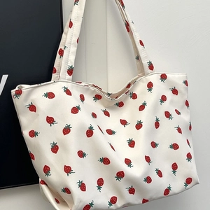 Chic nylon strawberry print tote bag with large capacity for daily casual shoulder use