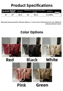 Quilted tote bag detail showing large capacity, dimensions, and five color options available