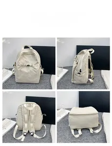 Detailed four-way view of beige nylon backpack showing front, side, back and bottom