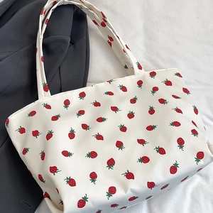 Fashionable nylon tote bag with strawberry print and large capacity for women