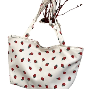 Fashionable strawberry print nylon tote bag with large capacity for women casual use