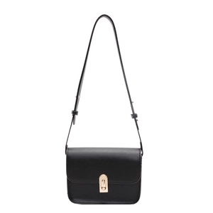 Minimalist black square shoulder bag with golden semicircular rotating metal clasp
