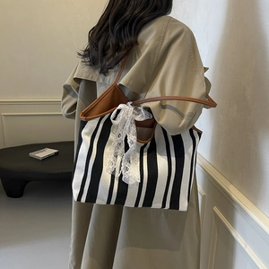Women Striped Canvas Tote Bag With Lace Bow Decoration Large Capacity Retro Fashion Shoulder Bag Daily Commuter Handbag