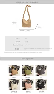 Detailed size guide and multi-color options for the embroidered nylon bow tote bag