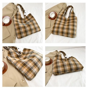 Detail shots of a vintage plaid wool tote bag with star plush charm and embroidery