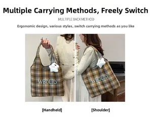 Detail of plaid wool tote bag showing dual carrying styles and star plush charm