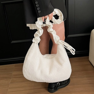 Chic white faux fur half-moon shoulder bag with a stylish pleated satin strap for women