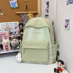 Minimalist light green large-capacity student backpack with green-white checkered patterns