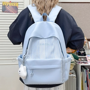 Stylish light blue school backpack for women with white plush charm and striped detail