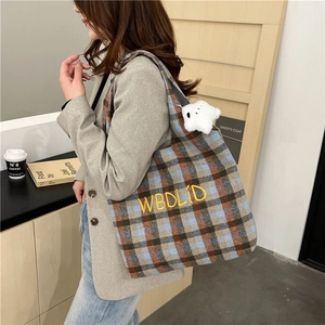 Retro plaid tote bag with letter embroidery and cute charm for autumn winter style