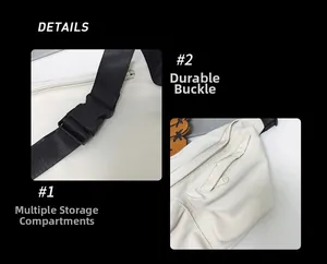 Detail of durable buckle and multi-compartment storage on white tactical crossbody bag
