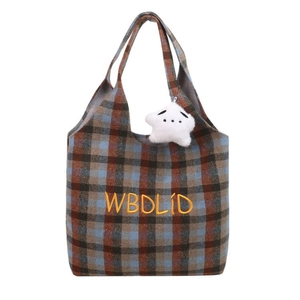 Retro plaid tote bag with letter embroidery and star plush pendant for women