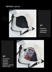 Detail view of white crossbody chest bag capacity showing phone and glasses storage