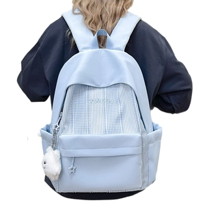 Light blue school backpack with plaid pattern and cute star charms for students