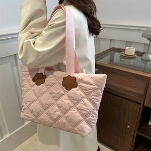 Pink quilted tote bag with floral accents, large capacity lightweight shoulder bag for women