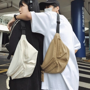 Street style nylon crossbody chest bag with adjustable strap in beige and khaki colors
