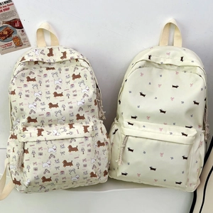Sac à Dos Mignon en Nylon de Style Japonais pour Femmes Filles Chien de Dessin Animé Imprimé Floral Sac d'École de Grande Capacité