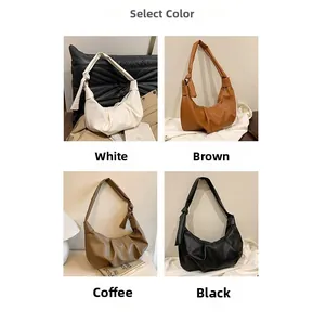 Collage of soft pleated hobo bags in white, brown, khaki and black with knotted straps