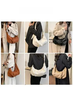 Detailed views of ruched hobo bags in brown, beige, and black colors on models