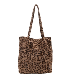 Grande borsa tote in tela con stampa leopardata, lunghi manici e tasca frontale esterna