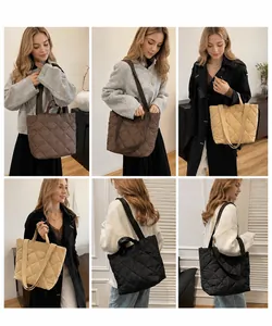 Quilted puffer tote bag showing diverse carrying styles and color options for women