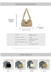 Detailed size chart and multi-color view of plush quilted tote bags for women