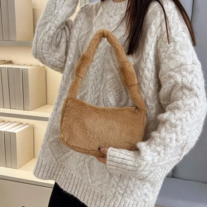 Brown faux fur underarm shoulder bag for women with minimalist plush strap for winter