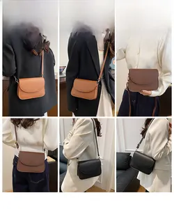 Collage montrant des sacs à bandoulière minimalistes en cuir marron et noir portés